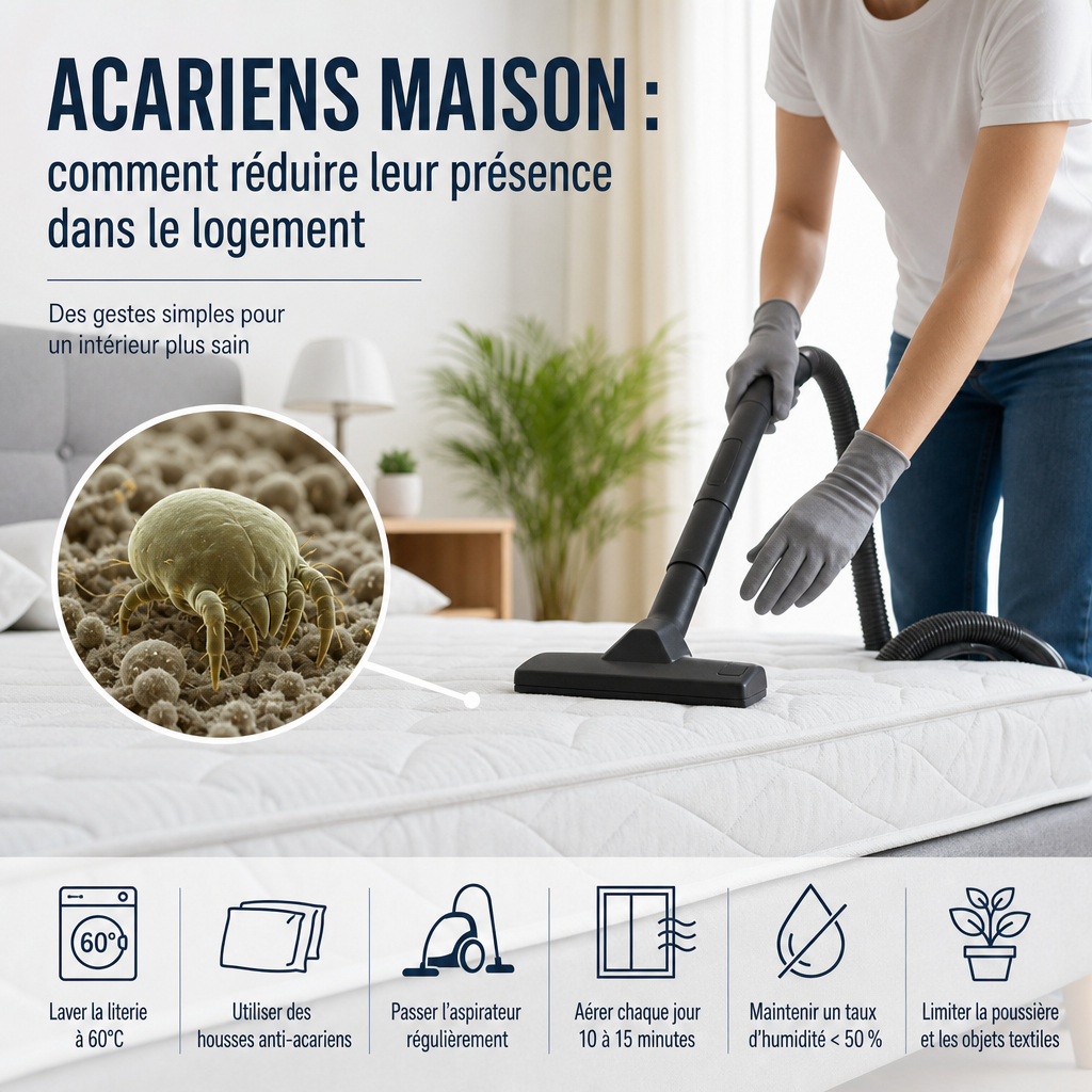 acariens maison - Person vacuuming a mattress to reduce dust mites in the home and improve indoor air quality