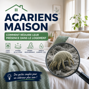 Intérieur propre avec literie et tapis, illustrant la réduction des acariens maison.