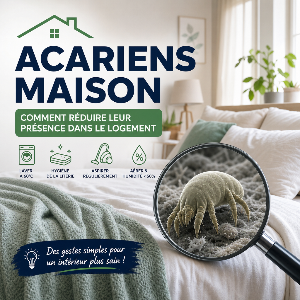 Intérieur propre avec literie et tapis, illustrant la réduction des acariens maison.
