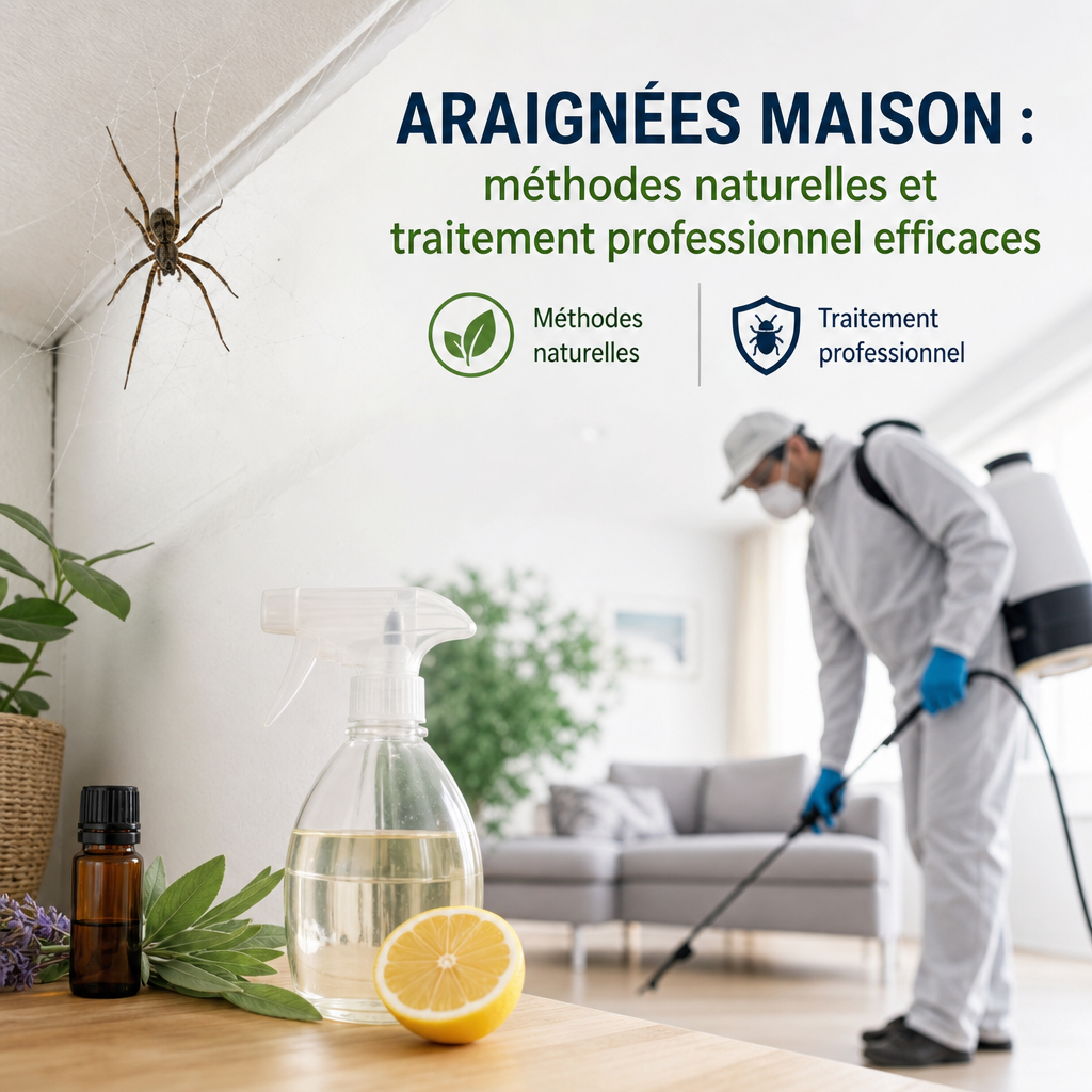 Professionnel appliquant un traitement naturel contre les araignées dans une maison.