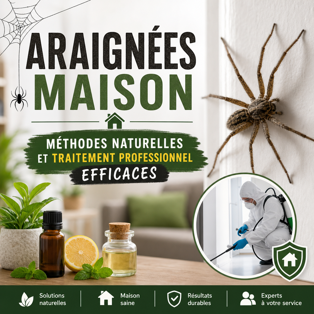 Illustration de méthodes naturelles et professionnelles pour traiter les araignées maison.