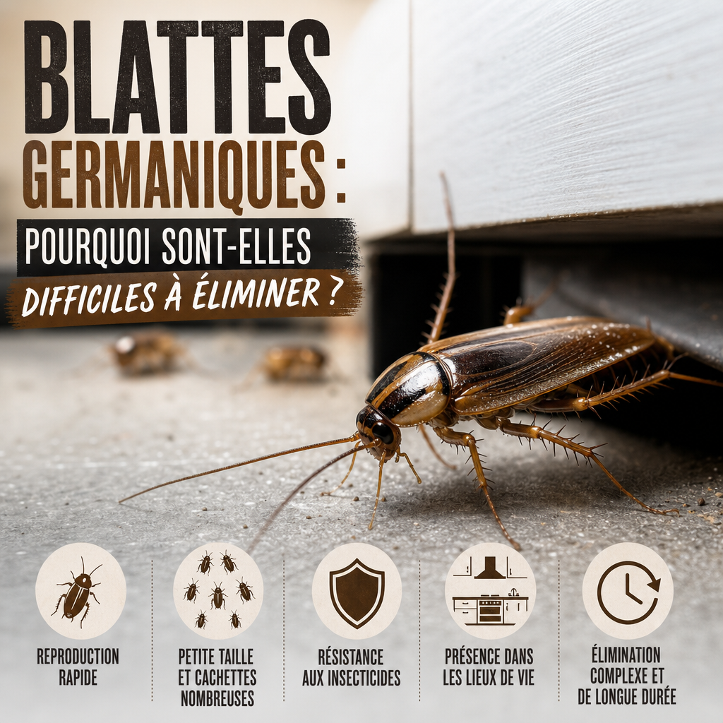 Close-up of a German cockroach near a wall, illustrating why blattes germaniques are hard to eliminate.