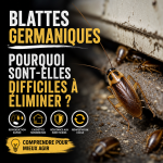 Infographie sur les blattes germaniques : reproduction rapide, cachettes et résistance aux insecticides.