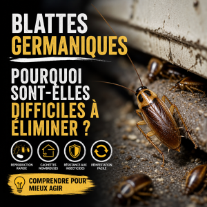 Infographie sur les blattes germaniques : reproduction rapide, cachettes et résistance aux insecticides.