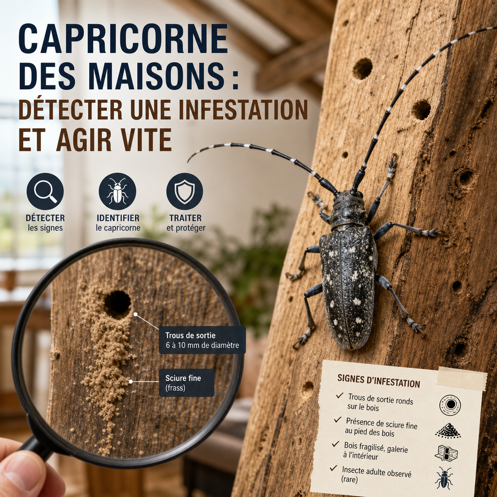 Infestation de capricorne des maisons dans une charpente en bois, avec galeries et sciure visibles