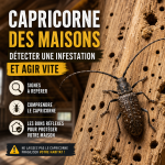 Illustration de capricornes des maisons infestant une charpente en bois, avec dégâts visibles.