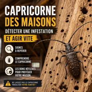 Illustration de capricornes des maisons infestant une charpente en bois, avec dégâts visibles.