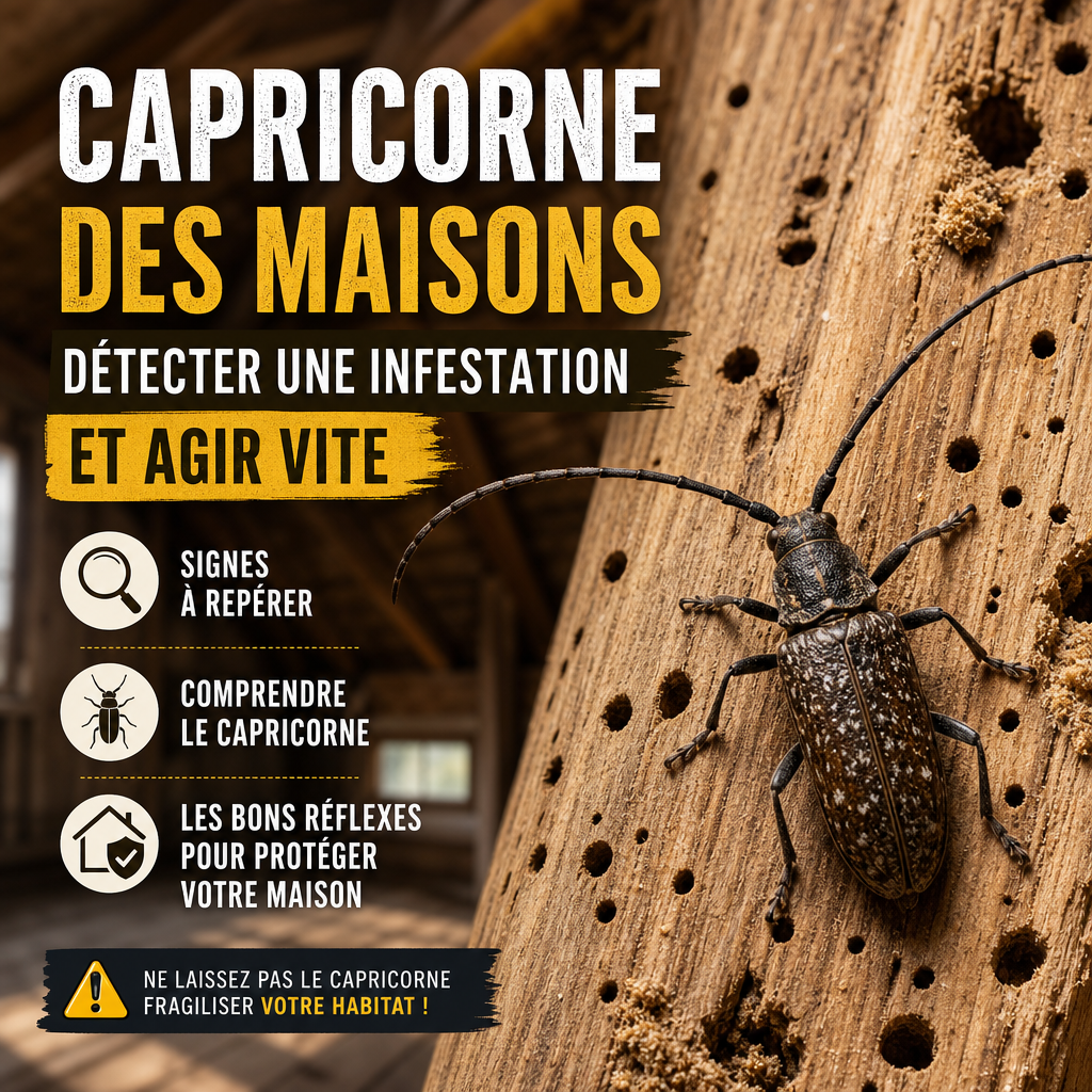Illustration de capricornes des maisons infestant une charpente en bois, avec dégâts visibles.