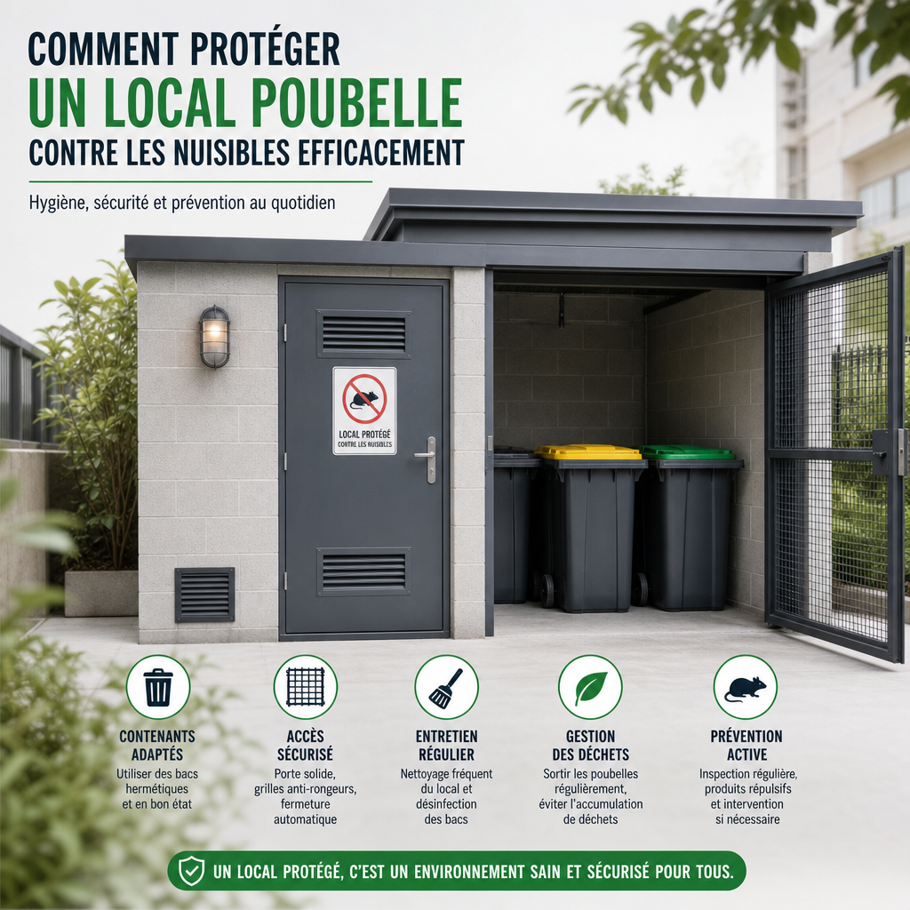 Guide de protection d’un local poubelle contre les nuisibles, avec prévention et hygiène.
