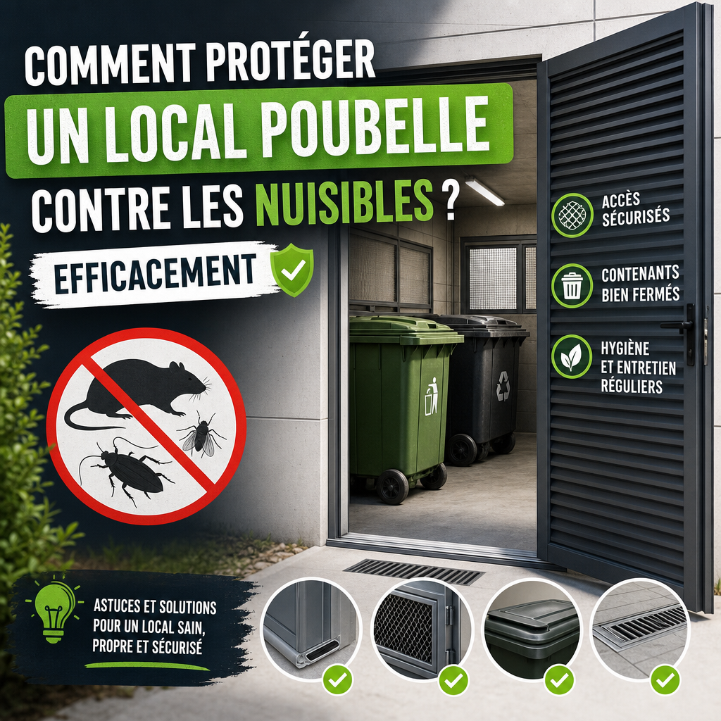 Comment protéger un local poubelle contre les nuisibles efficacement 16 Local poubelle sécurisé avec bacs fermés et entretien régulier pour prévenir les nuisibles.