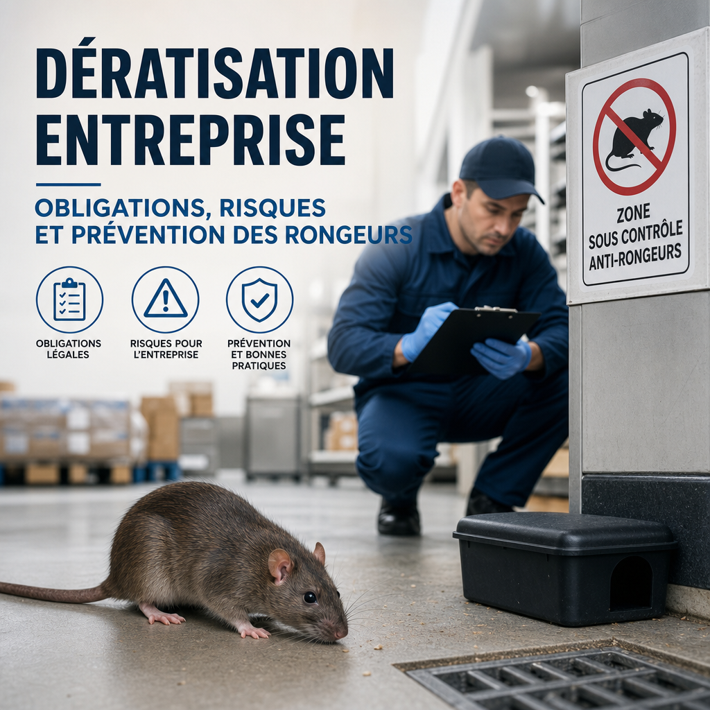 Technicien de dératisation en entreprise inspectant des locaux pour prévenir les rongeurs.