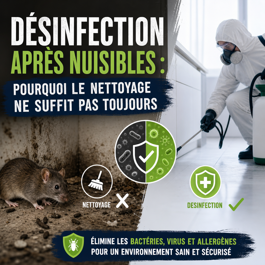 Infographie sur la désinfection après nuisibles pour éliminer bactéries, virus et allergènes après infestation