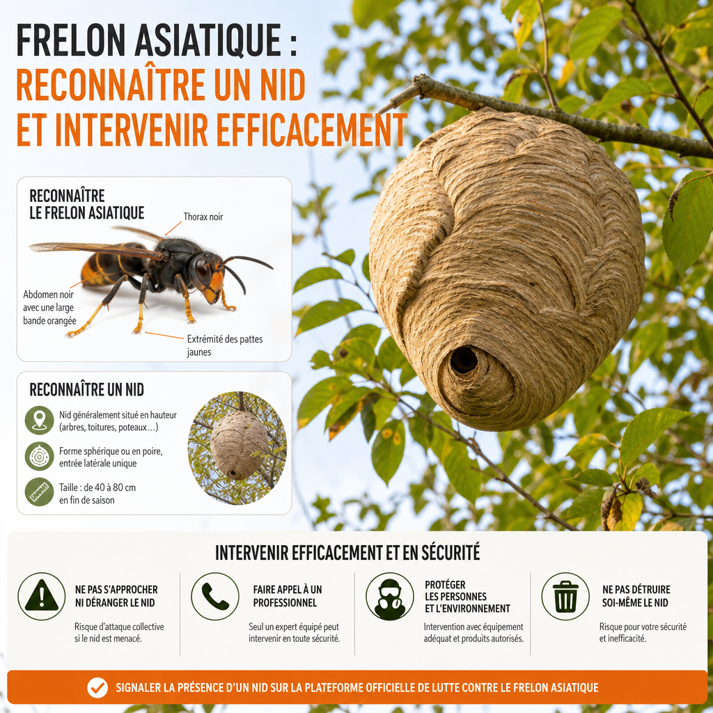 Nid de frelons asiatiques sur un arbre, avec plusieurs frelons autour.