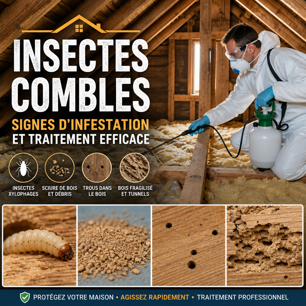 Technicien en combinaison inspectant et traitant des insectes dans des combles isolés.