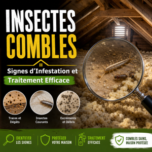 Insectes dans des combles avec signes d’infestation et traitement efficace sur l’isolation et le bois
