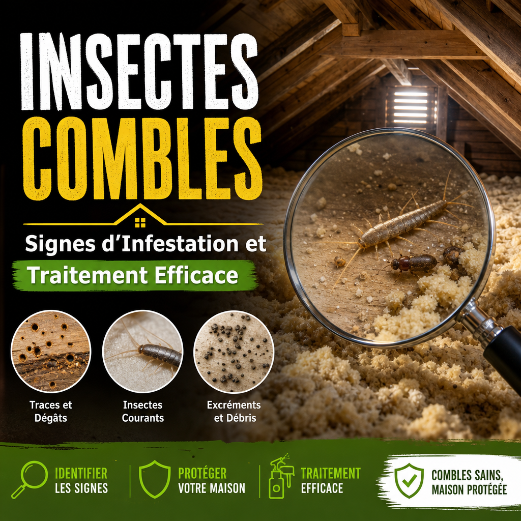 Insectes dans des combles avec signes d’infestation et traitement efficace sur l’isolation et le bois