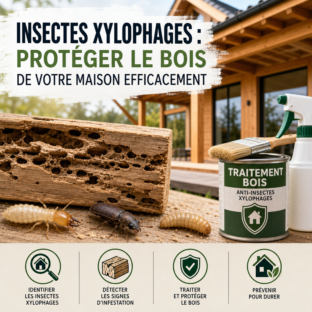 Illustration d’insectes xylophages attaquant une poutre en bois dans une maison