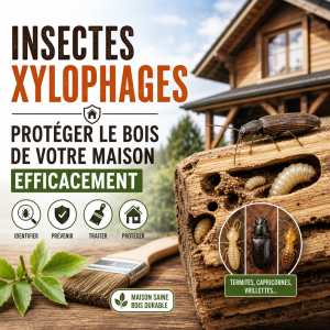 Illustration de bois de maison endommagé par des insectes xylophages, avec poutres et charpente fragilisées