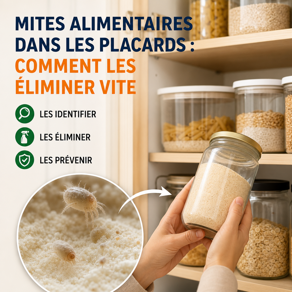 Mites alimentaires dans un placard de cuisine, avec denrées infestées et nettoyage en cours