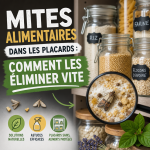 Illustration de mites alimentaires dans un placard de cuisine, avec denrées infestées et conseils d’élimination rapide