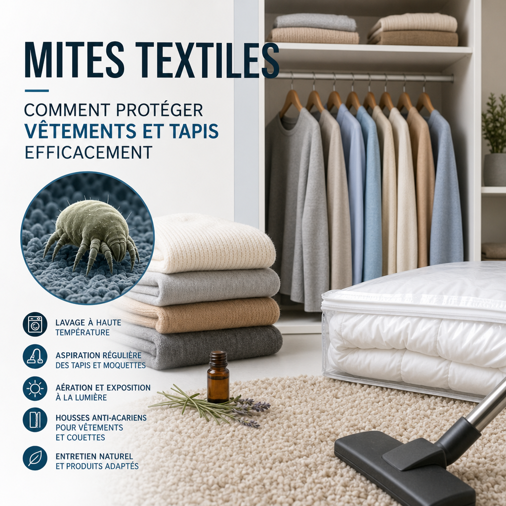 Article visuel sur la protection des vêtements et tapis contre les mites textiles, avec conseils d’entretien.