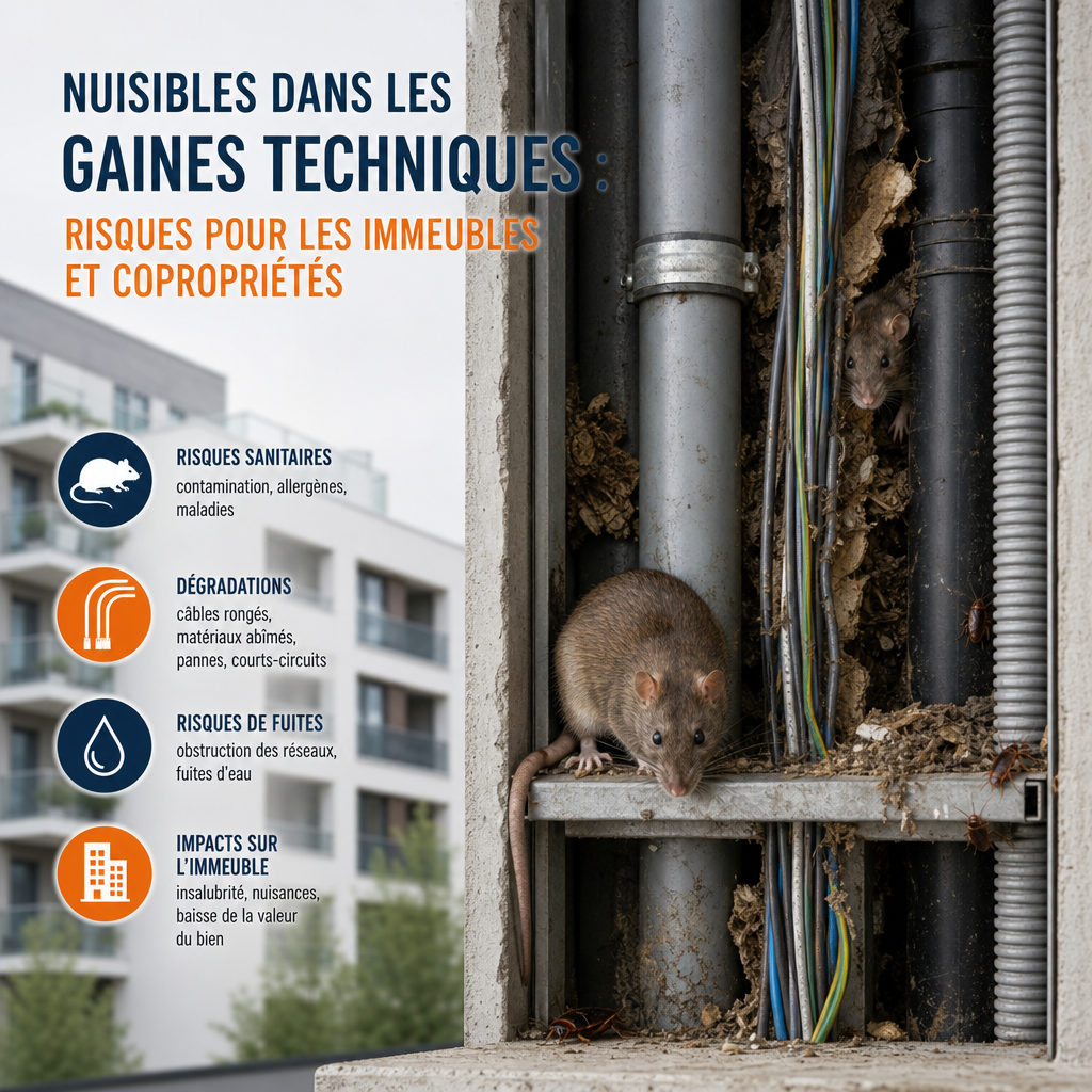 nuisibles gaines techniques - Rat dans une gaine technique d’immeuble, illustrant risques sanitaires et dégâts en copropr