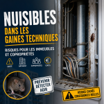 Illustration de nuisibles dans une gaine technique d’immeuble, montrant un risque pour la copropriété.