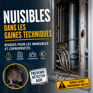 Illustration de nuisibles dans une gaine technique d’immeuble, montrant un risque pour la copropriété.