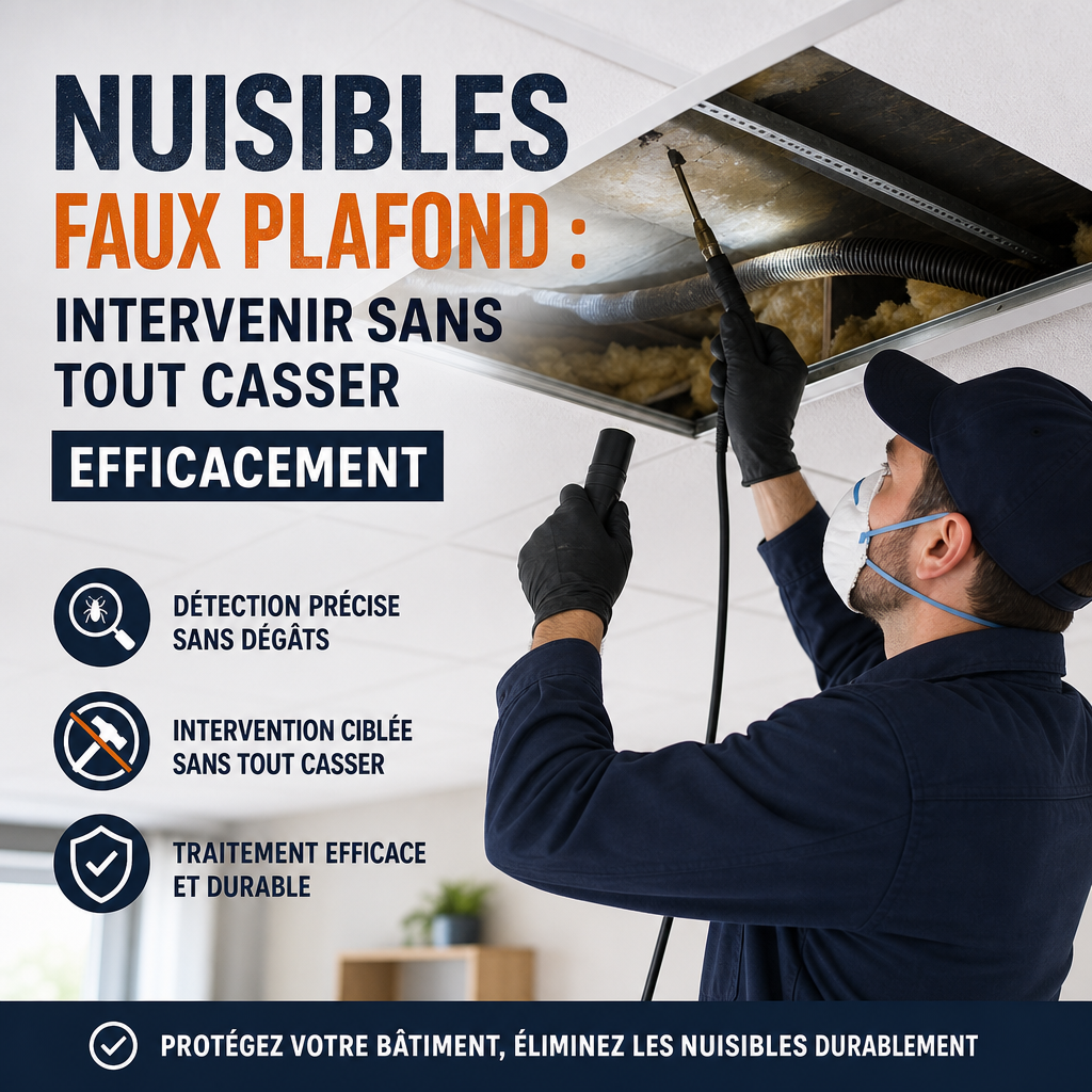 Technicien inspectant et traitant des nuisibles dans un faux plafond sans dégâts