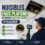 Technicien de désinsectisation inspectant un faux plafond à la recherche de rongeurs avec équipement spécialisé