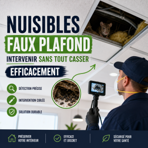 Technicien de désinsectisation inspectant un faux plafond à la recherche de rongeurs avec équipement spécialisé