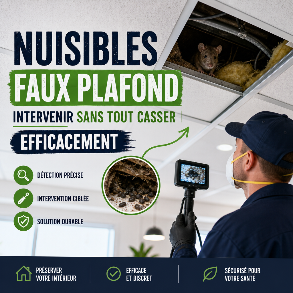 Nuisibles Faux Plafond : Intervenir Sans Tout Casser Efficacement 14 Technicien de désinsectisation inspectant un faux plafond à la recherche de rongeurs avec équipement spécialisé