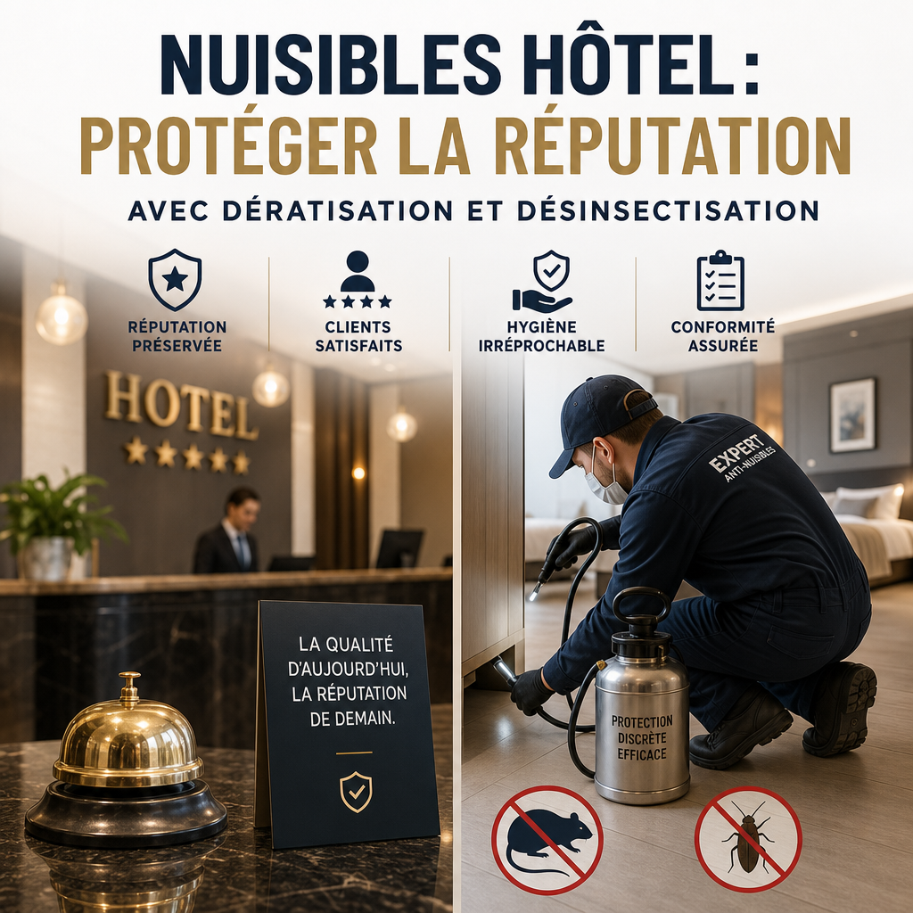 nuisibles hôtel - Technicien en hôtel appliquant un traitement anti-nuisibles pour dératisation et désinsectisation.