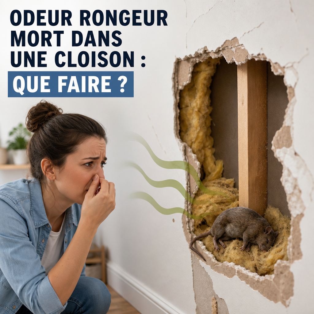Femme se bouchant le nez près d’un mur, gênée par l’odeur d’un rongeur mort dans une cloison
