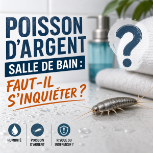 Gros plan d’un poisson d’argent sur une surface de salle de bain, avec texte sur l’humidité et les risques.