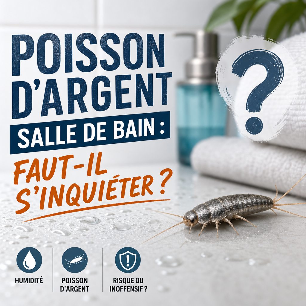 Gros plan d’un poisson d’argent sur une surface de salle de bain, avec texte sur l’humidité et les risques.