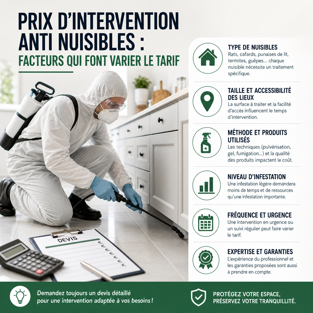 Infographie sur les facteurs du prix d’intervention anti nuisibles : type, accès, méthode, urgence et infestation.
