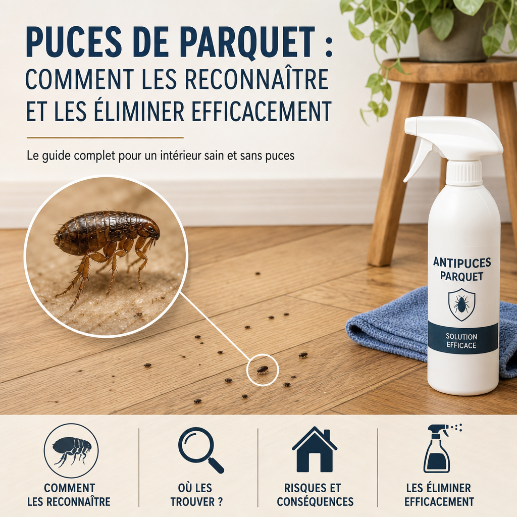 Infestation de puces de parquet sur un sol en bois, avec un animal de compagnie à proximité