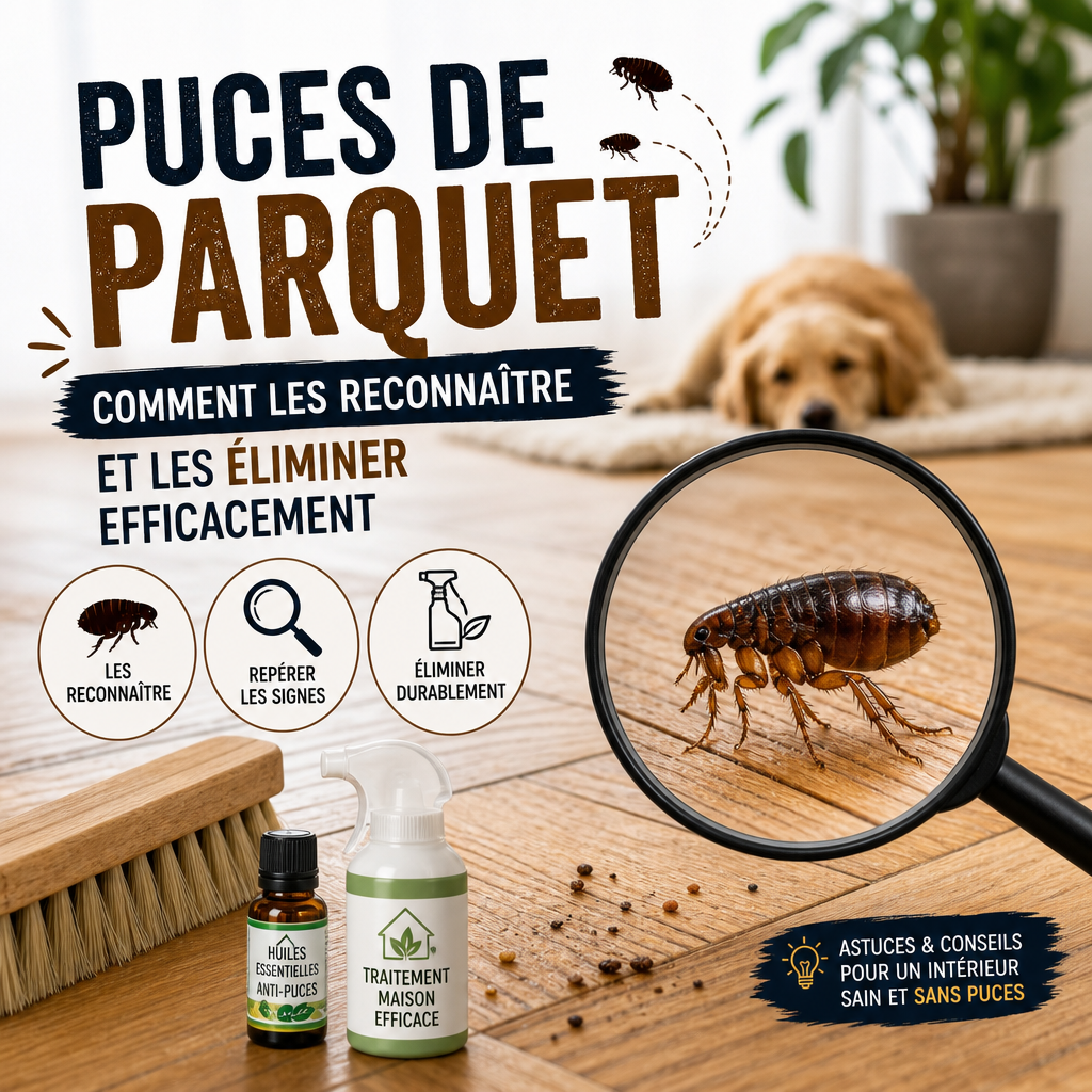 Illustration de puces de parquet avec conseils d’identification et de traitement efficace pour les éliminer