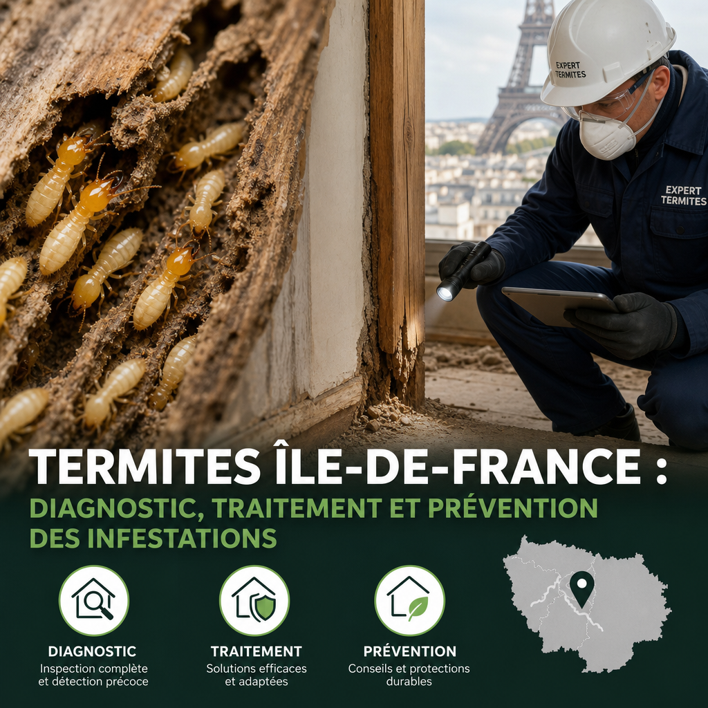 Technicien inspectant une charpente pour détecter des termites en Île-de-France