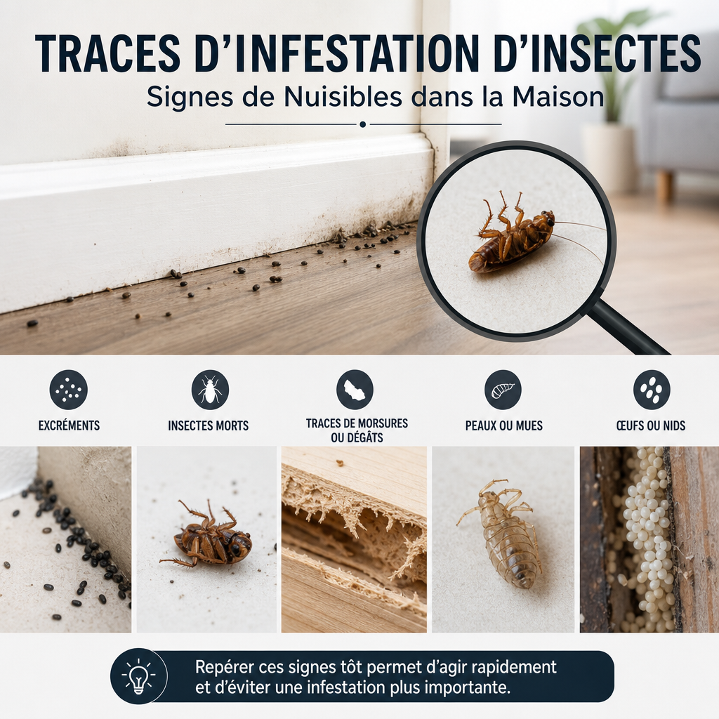 traces infestation insectes - Signes d’infestation d’insectes : excréments, insectes morts, peaux et œufs dans la maiso