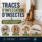 Insect infestation signs: droppings, damaged wood, shed skins, and tunnels in a home