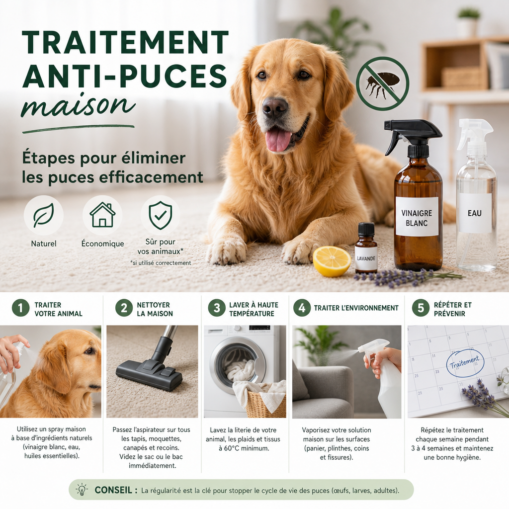 Infographie des étapes d’un traitement anti-puces maison pour animaux et textiles, avec produits naturels.