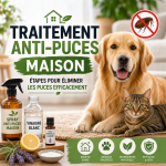 Traitement anti-puces maison avec vinaigre blanc, sel et produits naturels pour pets et textiles.