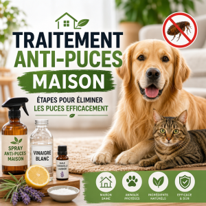 Traitement anti-puces maison avec vinaigre blanc, sel et produits naturels pour pets et textiles.