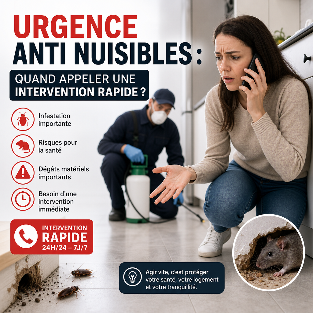Technicien en urgence anti nuisibles inspectant une infestation dans une cuisine domestique