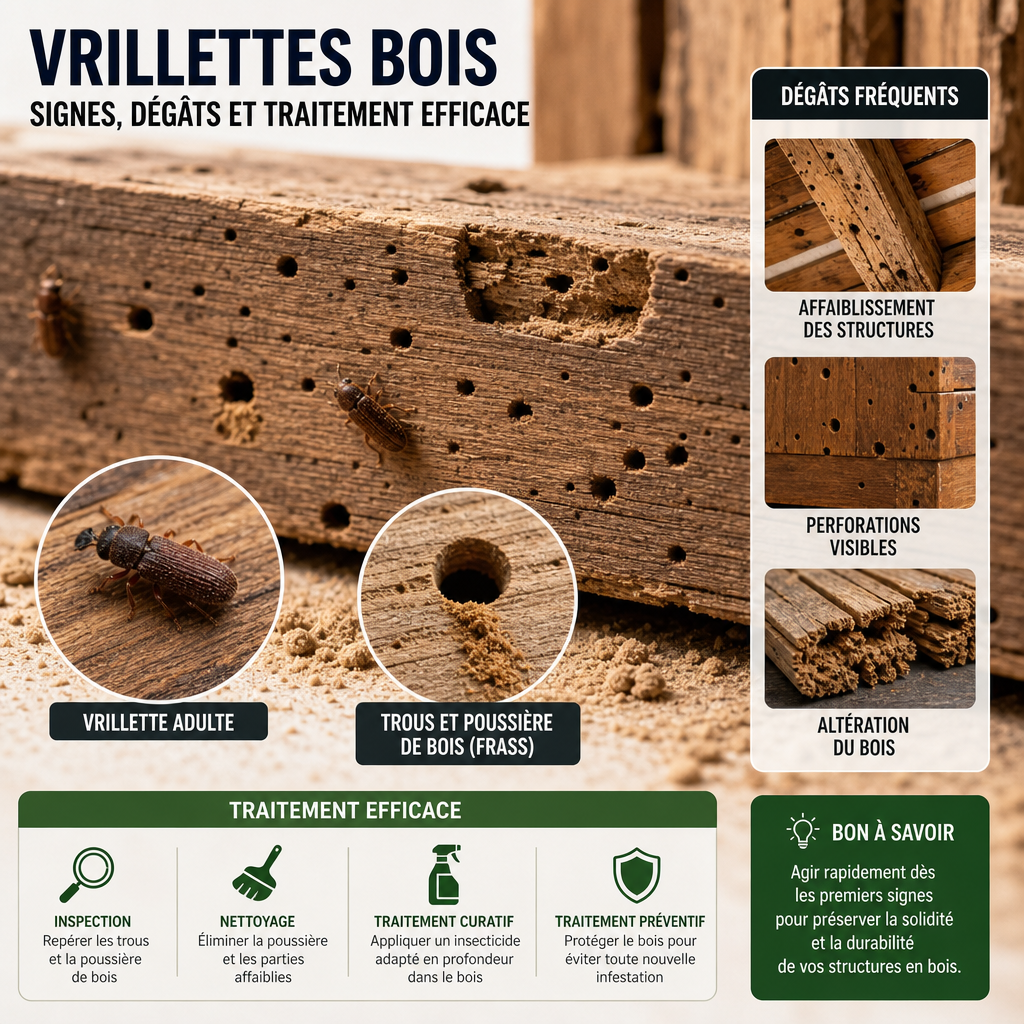 vrillettes bois - Gros plan sur du bois attaqué par des vrillettes, avec trous visibles et signes de dégâts.