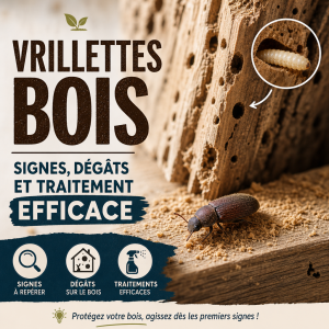Gros plan d’un bois infesté par des vrillettes, avec trous visibles et dégâts de xylophages.